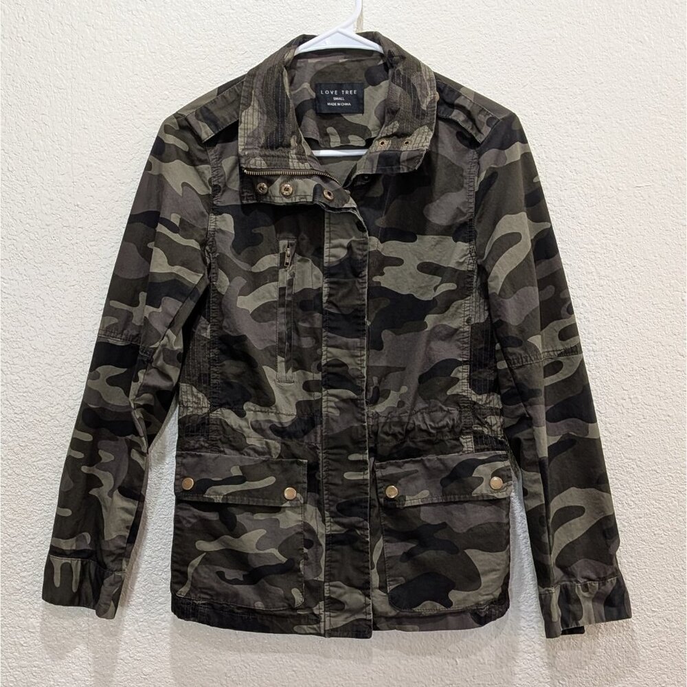 Love Tree Womens Camo Jacket Small‎ Pockets Zip Button Lightweight Cinch Waist